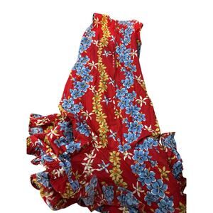 Vintage Style Red Hawaiian Floral Sleeveless Ruffle Hem Dress Tropical Luau S12